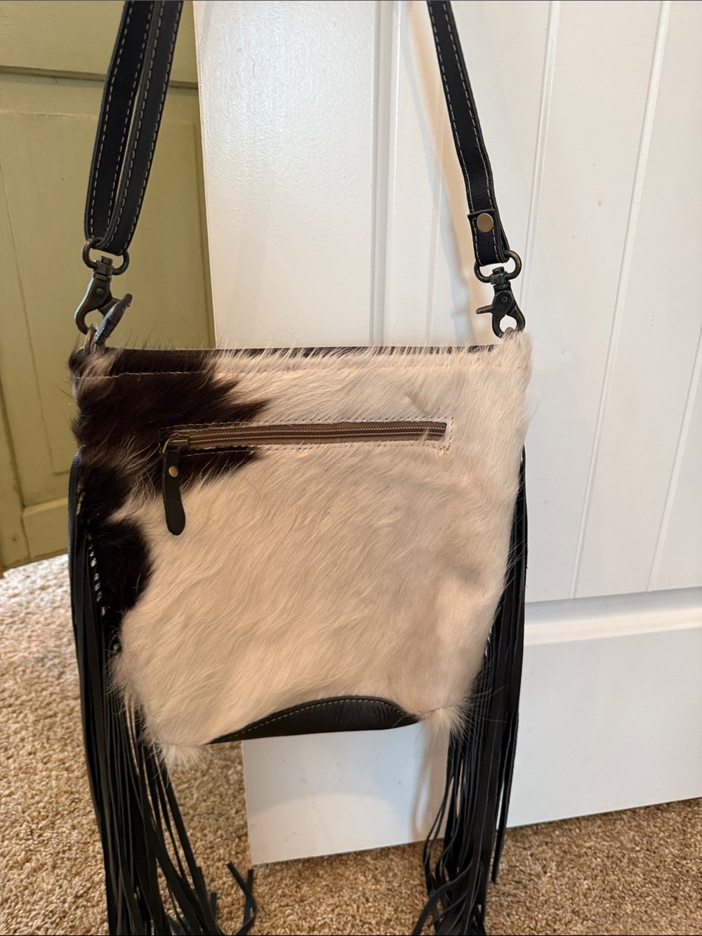 Myra Bag Turquoise and Brown Tooled Leather Cowhide Fringe Crossbody - Picture 5 of 9